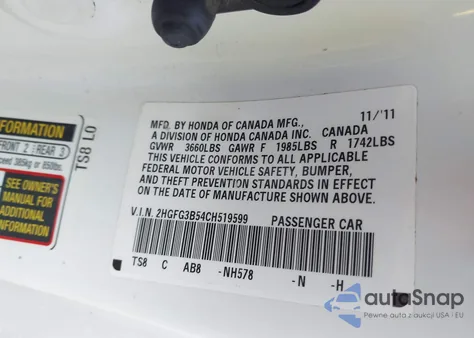 2012 Honda Civic Lx z USA, uszkodzony, nr VIN 2HGFG3B54CH519599